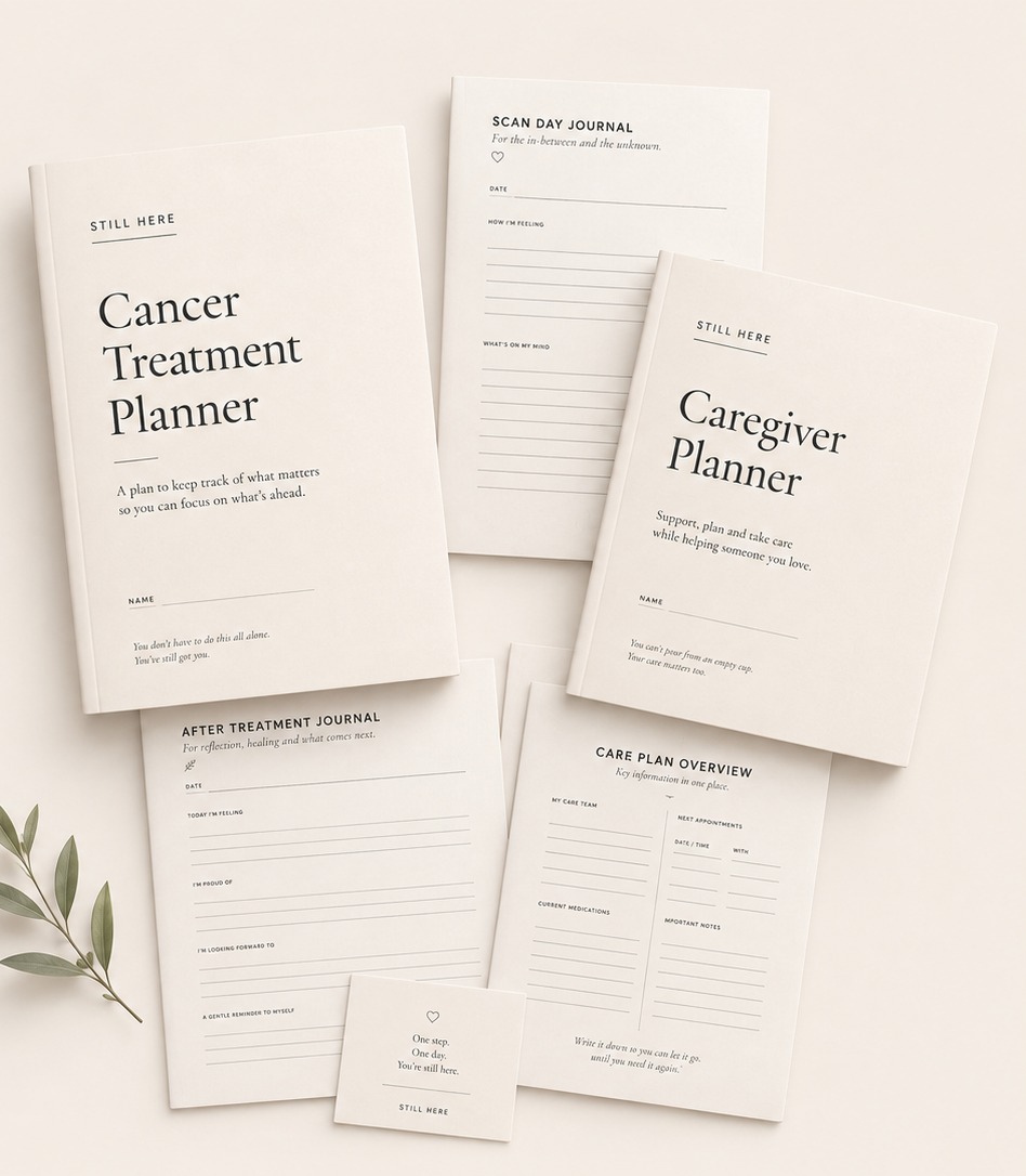 A flat-lay of Still Here printables — the Cancer Treatment Planner, Scan Day Journal, Caregiver Planner, After Treatment Journal, Care Plan Overview and a Calm Support Card, styled with an olive sprig