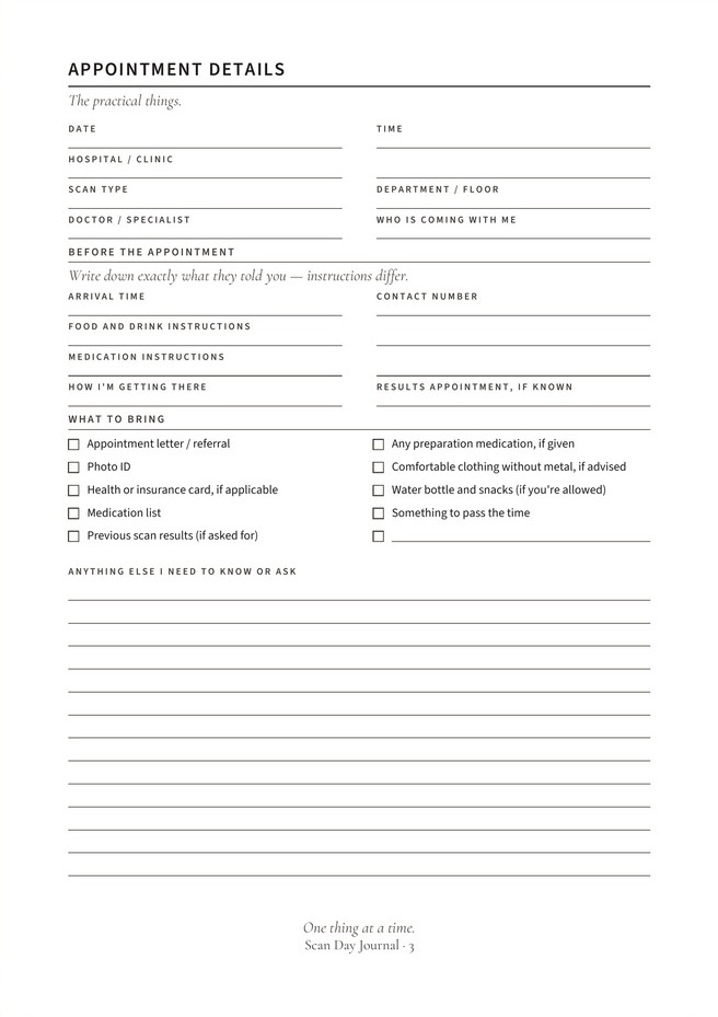 A page from the Scan Day Journal — Appointment Details and what to bring to a scan