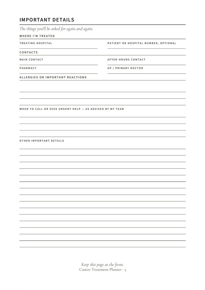 A page from the Cancer Treatment Planner — Important Details, treating hospital, contacts and allergies