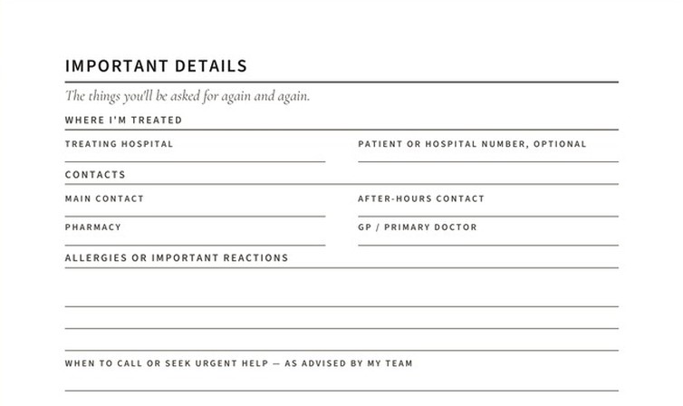 Close-up detail of the Cancer Treatment Planner Important Details page